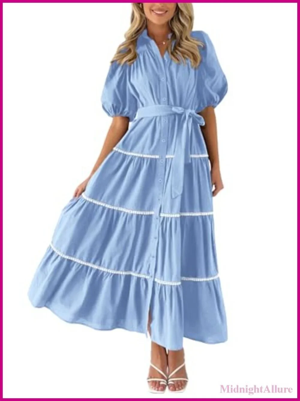 Women's Maxi Shirt Dress Summer Tiered Button Down Puff Sleeve Flowy Fit & Flare